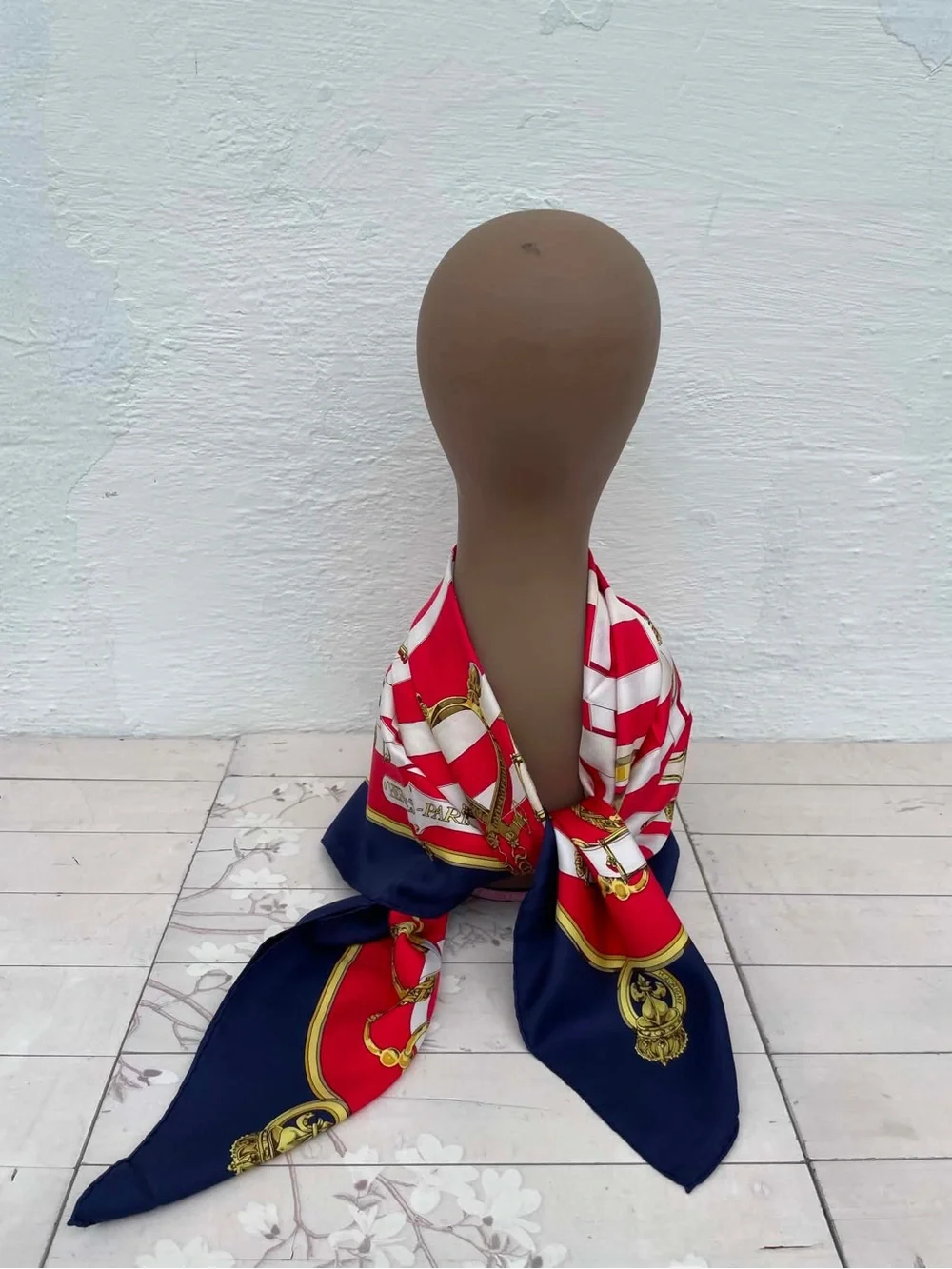 Hermes Red Navy Cream Silk Scarf with Equestrian Print - Picture 10 of 12